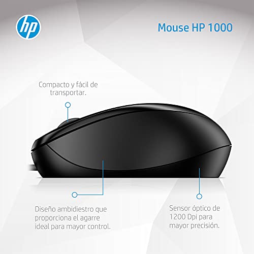 Miniatura 3 de HP 1000 - Ratón con Cable (1200 PPP, 2 Botones y Rueda de Desplazamiento, 1,5 m de Cable, ConexiónUSB, Windows), Color Negro