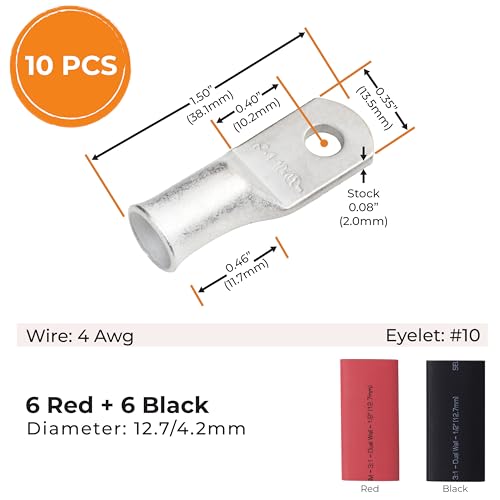 SELTERM 10pcs - 4 Awg - #10 Stud Battery Lugs - Ring Terminal Connectors with 12pcs 3:1 Black & Red Heat Shrink Tubing with Adhesive, Heavy Duty Battery Cable Ends - Tinned Copper Wire Lugs Kit - Thumbnail 2