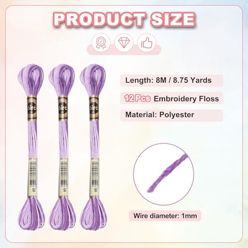 Image of PATIKIL 12 Skeins Embroidery Floss, Polyester Embroidery Threads Bracelets String for Cross-Stitch Hand Embroidery, Purple