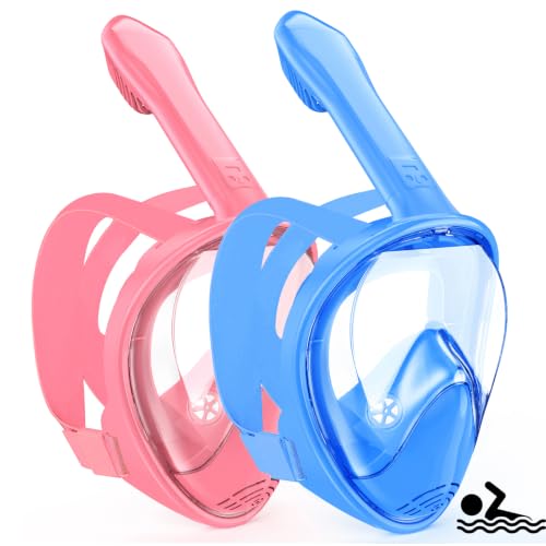 Kids Snorkel Mask Full Face Snorkeling Gear for Kids 2-14 with Camera Mount 180 Degree Panoramic View Snorkeling Set Anti-Fog Anti-Leak (Blue+Pink)