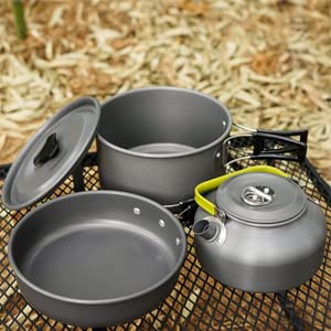 Image of NILKANTH Camping Cookware Outdoor Kettle Pot Pan Utensil Backpacking Out Bag Cooking Picnic Cookset for 2 Person (Green)