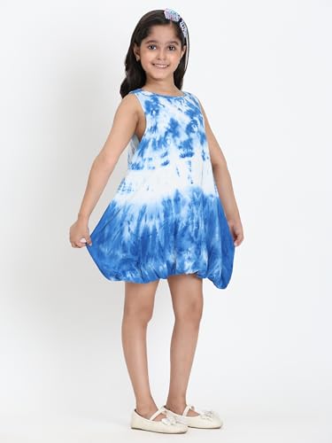 Image of Maaesa Girls' Tie Dye Rayon Staple Blue Dress | Sleeveless | Round Neck | Soft & Breathable | Casual