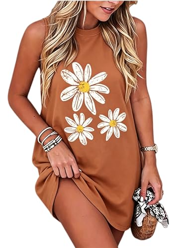 Image of Sun Salt Sand Coconut Tree Tank Mini Dress for Women Sleeveless Beach Praty Shirts Summer Vacation Short Mini Dresses