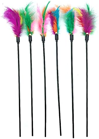 IUHKBH Cat Feather Toys, Interactive Cat Wand Toys Cat Teaser with Bell - 18'' Long Feather Wand for Cat and Kitten (6 Pcs)