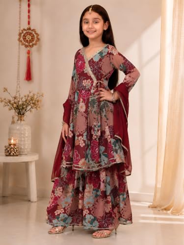 Image of Preneum Girls's Ethnic Cotton Bandhani & Lehariya Printed 3 /4 Sleeves Gotta Patti Angrakha Kurta with Sharara Set