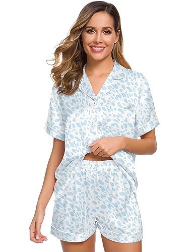 Image of SWOMOG Women Pajamas Set Silk Satin Short Sleeve Sleepwear Button Down Loungewear Pjs