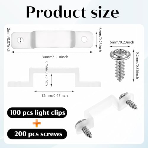 Image of 100 Pack Strip Light Mounting Brackets, Led Strip Light Holder, LED Clear Clips Outdoor Fixed Clips LED Tape Clamp, Waterproof Double Side Fixing, for 12 mm Wide IP67 /68 Strip Lights with 200 Screws