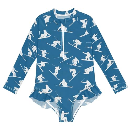 Skiing Blue Background Girls Rash Guard Swimsuits Long Sleeve One Pieces Bathing Suit UPF 50+ Zipper Swimwear
