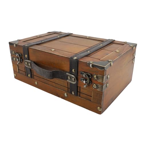 Fockety Maleta Vintage de Madera, Caja de Almacenamiento Decorativo Antiguo con Tapa de Asa y Bisagras, Cofre del Tesoro, Troncal de Almacenamiento de Viajes para Recuerdo