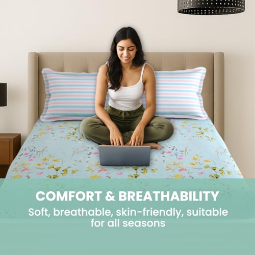 Image of Mafatlal Plush 140 GSM Double Bed Sheet | Lightweight Microfiber | 90 x 100 Inches | Queen Size | Skin-Friendly, Long-Lasting Comfort | Sky Blue