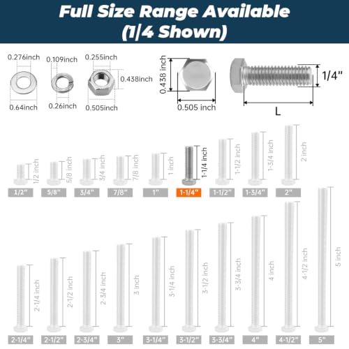 Image of 10 Sets Glvaner 1 /4-20 x 1-1 /4 inch Stainless Steel Hex Head Screws Bolts, Nuts, Flat & Lock Washers, 18-8 (304) Stainless Steel, Full Thread, Coarse Thread