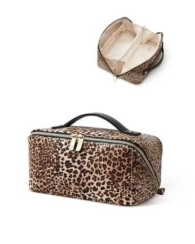 Image of EACHY Travel Makeup Bag, Large Capacity Cosmetic Bag for Women, Waterproof PU Leather, Flat Open Portable Toiletry Bag for Skincare, Brushes & Travel Essentials