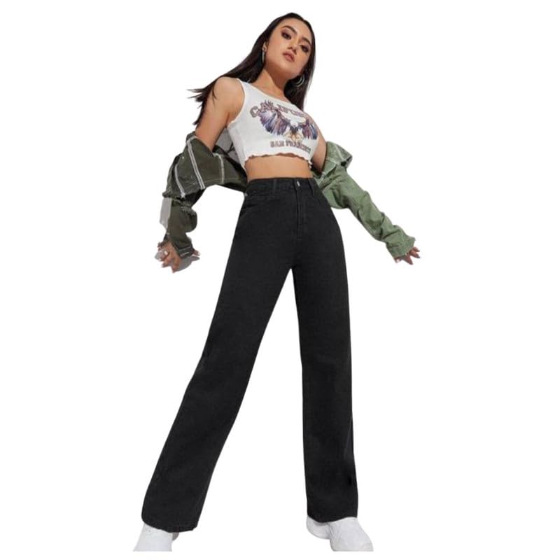 Image of Women's Cotton high-Waist Regular Fit Solid Straight Leg Jeans