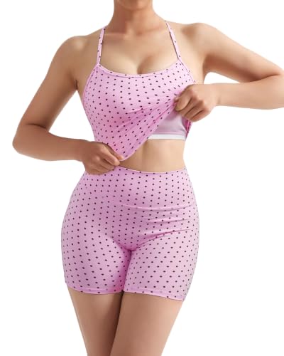 Image of SUUKSESS Women 2 Piece Workout Sets High Waisted Tummy Control Biker Shorts Halter Padded Tank Tops