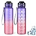 Hund und günstig Kaufen-jjshund Trinkflasche 1L, Wasserflasche 1L Auslaufsicher mit Zeitmarkierung, BPA-Frei Trinkflasche Sport aus Tritan Tragbar Water Bottle Sportflasche für Gym Fitness Camping Fahrrad - Lila Rot