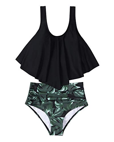 OMKAGI Women's Ruffle Bikini Swimsuit High Waisted Bottom Plus Size Swimwear Tankini(XXL,Black Leaf)