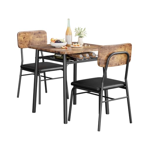 GAOMON Dining Table Set for 2, Wood Kitchen Table with 2 Upholstered Chairs and Built-in Storage Rack, Metal Legs, for Small Spaces, Dining Room, Living Room, Brown by GAOMON - Image 8