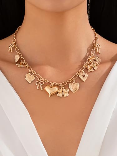 Gold Heart Charm Necklaces for Women Trendy Chunky Puffy Heart Choker Charms Necklace With Different Heart and Bow Fashion Jewelry Gift2