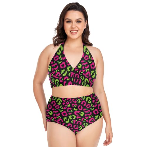 Bikini grande taille vert fluo réglable avec maillot de bain dos nu et taille haute léopard