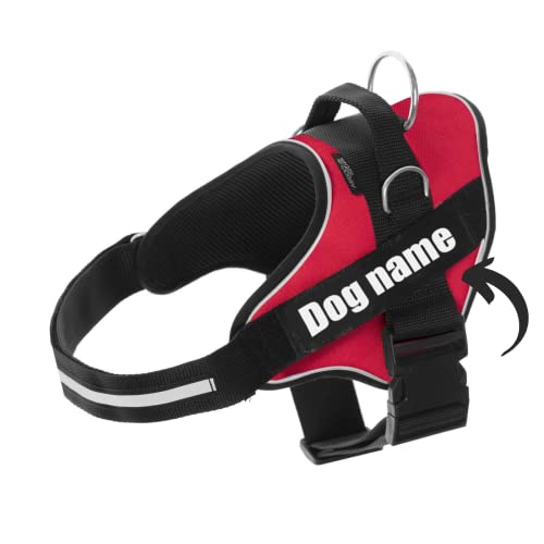 SUPER DOGGY Pettorina per cani personalizzata di piccola, grande e media taglia - Pettorina Anti Tiro per cani riflettente, sicura-Include 2 Toppe con nome-Qualità e resistente (Rosso, L 21-32KG)