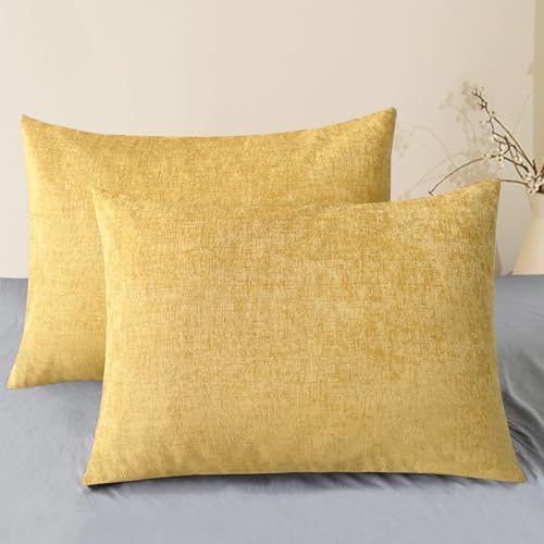 Image of CaliTime Pack of 2 Cozy Standard Pillow Shams Cases for Bed Bedding Decoration Solid Dyed Soft Chenille 20 X 26 Inches Gold