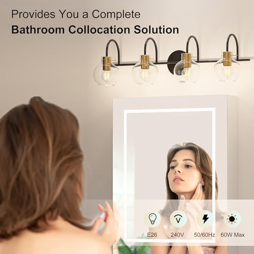 Image of 4 Light Bathroom Vanity Light, Black and Gold Light Fixtures, Sconces Wall Lighting with Glass Shade, Modern Brushed Vanity Lights for Bedroom, Hallway,Bathroom Lighting Fixtures Over Mirror