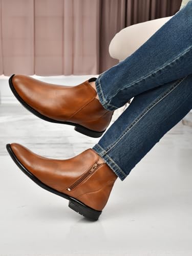Image of SVpanther Men's Classic Tan Chelsea Boots | Genuine Leather | Slip-On Ankle Boots for Formal & Casual Wear