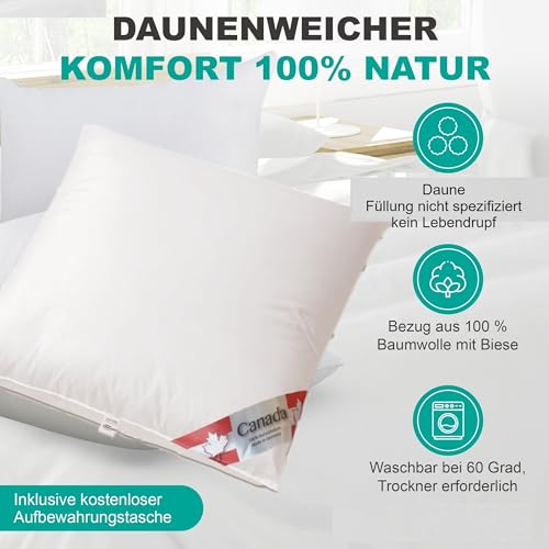 Neu Canada Daunenkissen 80x80 cm 700 g weiche canadische Daunen, softes Flachkissen für angenehmen Schlafkomfort
