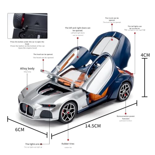 Image of 1:32 Scale Bugatti Atlantic Alloy Pickup Car Toy Metal Pull Back Diecast Car with Openable Door and Sound Light, Gifts Toys for Kids【Blue /Silver】