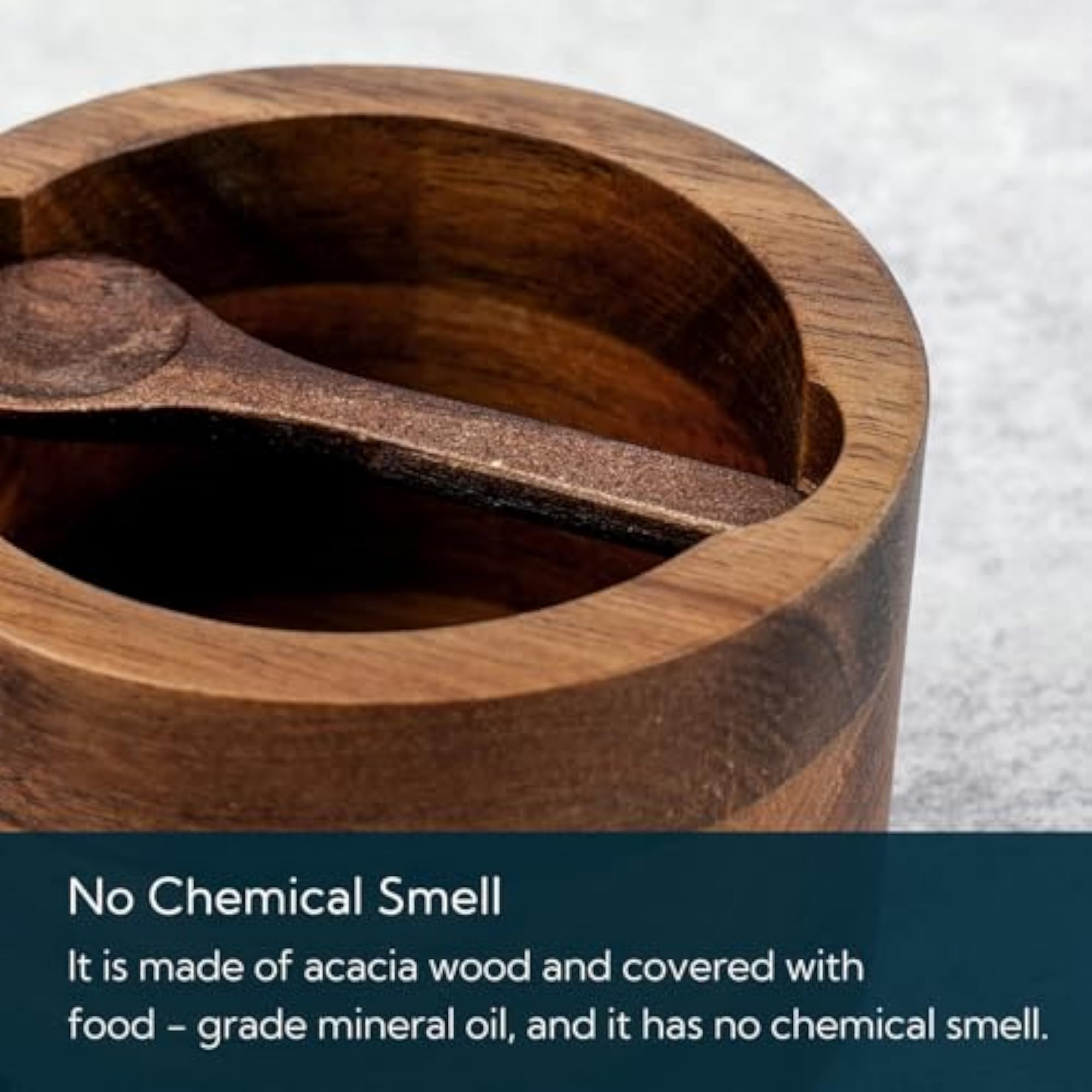 Acacia Salt Cellar Box with Built-in Spoon and Marble Lid