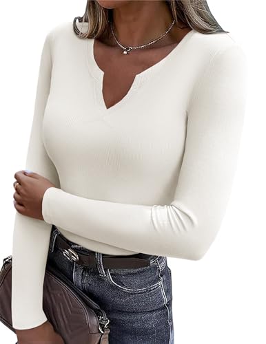 Zeagoo White Tee Shirt Women Fall Long Sleeve T Shirts Solid Slim Fit Pullover Knit Top Cute Teen Girls Tight Basic Tee Layering Tops,Medium