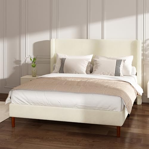 Queen Bed Frame, Boucle Upholstered Platform Bed with Iron & Wood, Beige - image 3