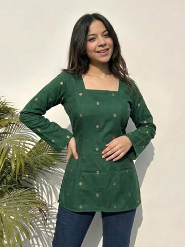 Image of ANNI Designer Women's Viscose Blend Printed Short Kurti | Straight Fit Ethnic Top with Square Neck | Bell Sleeve Indian Kurta for Office College, Party