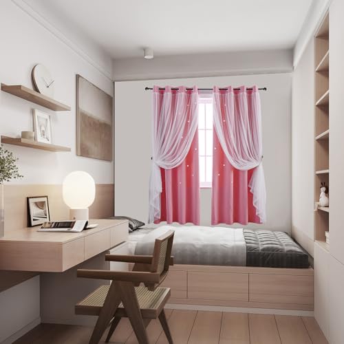 Image of IINDISTAR Star Cutout Kids Window Blackout Curtains for Girl Bedroom Window Room Darkening Curtains & Drapes Baby Nursery Curtains (2 Panel,52Wx95L inch,Pink)