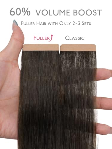 Image of WENNALIFE Fuller Tape in Hair Extensions Human Hair, 14 inch 20pcs 80g Dark Brown Remy Hair Straight Tape in Extensions Skin Weft Tape Ins Extensiones De Cabello Humano