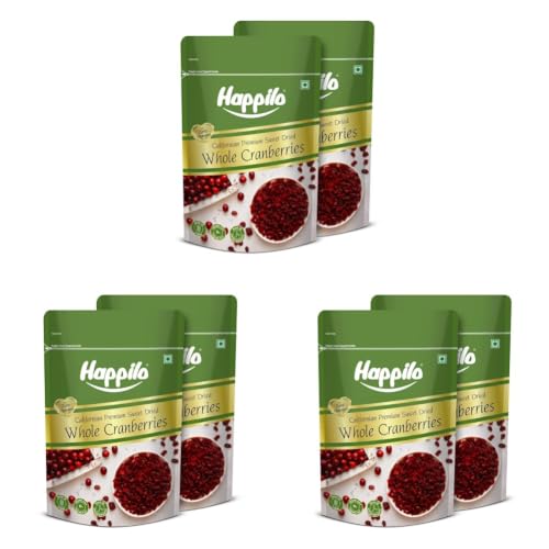Image of Happilo Premium Californian Whole Cranberries Dried & Sweet Pouch 200 g (Pack of 6) | All Natural Dried Cranberries | Add them in Desserts or Breakfast | Healthy Dried Fruits