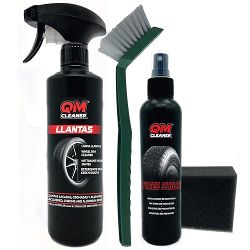 QM Cleaner Kit Limpieza de Llantas y Abrillantador de Neumáticos para Automóvil | Incluye 500ml Limpia Llantas, 200ml Abrillantador de neumáticos, Cepillo y Esponja