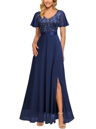 Miusol Women's V-Neck Sequin Lace Classy Ruffle Sleeve Bridesmaid Maxi Dress