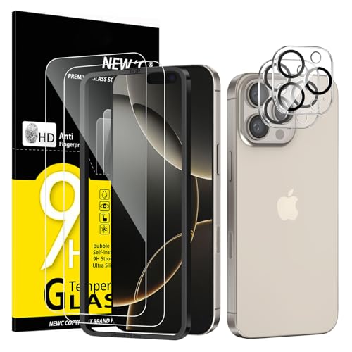 NEW'C 2 x Protector Pantalla para iPhone 16 Pro (6,3 Pulgadas) y 2 x Protector Pantalla Protector de Lente de Cámara - Cristal Templado - Ultra Resistente - Herramienta de instalación fácil incluida