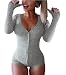 Moxeay V-Neck One Piece Bodysuit Long Sleeve Bodycon Rompers Small Gray