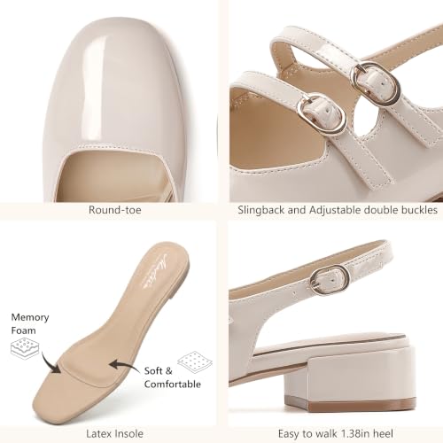 Image of Mostrin Mary Jane Shoes Women Slingback Chunky Low Heels for Women Closed Rounded Toe Ankle Strap Pumps Daily Wedding Party Dress Shoes