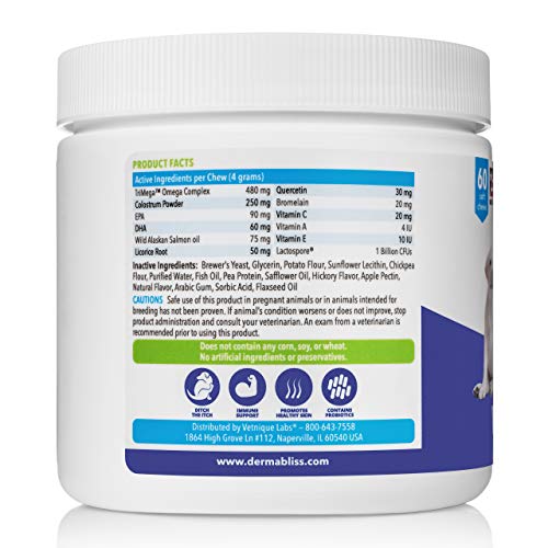 Vetnique Dermabliss Seasonal Dog Allergy Relief & Immune Support Supplement Allergy Chews for Dogs Itching and Licking with Omega 3 Fish Oil & Probiotics for Itch Relief - Vet Recommended (60ct Chews)