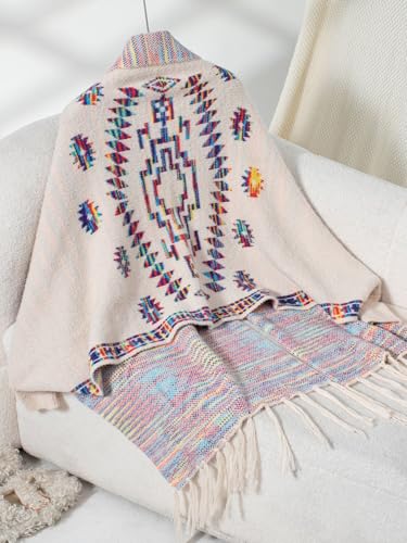 Women's Tribal Aztec Print Tassel Open Front Poncho Cape Cardigan Long Sleeve Tassel Poncho Wrap Shawl4