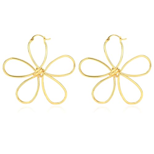KELMALL 14K Gold Plated Large Flower Statement Earrings for Women – Big Floral Leaf Wing Design, Hypoallergenic Dangle Drop Piercing Earrings
