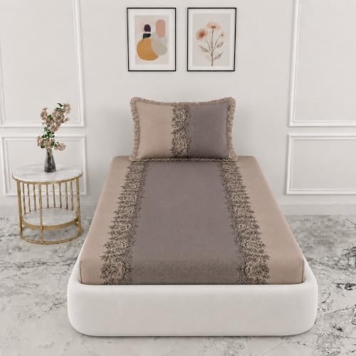 Image of VOMZER Single (36x72) 300 TC Soft Cotton Feel Microfiber All Around Elastic Fitted Single Bedsheet with 1 Frill Pillow Covers | Coffee