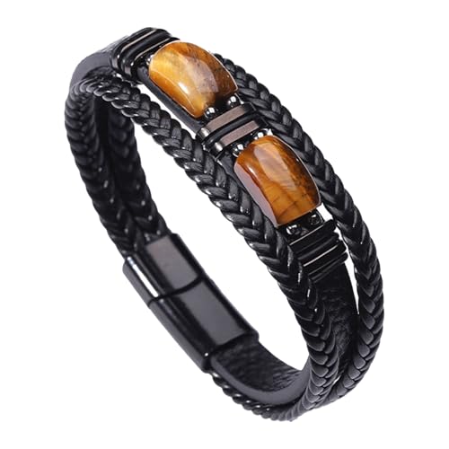 Azushwer Tiger Eye Bracelets, Mens Bracelet, Mens Leather Bracelet, Natural Tiger Eye Gemstone Crystal Stone Jewelry Handmade for Courage and Stress Relief Protection