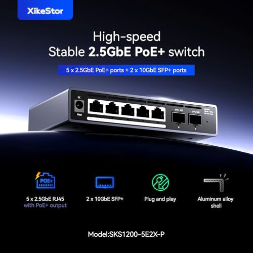 Image of 7 Port Switch, 5 Port 2.5G PoE Switch, 2 Port 10G SFP+, IEEE802.3af /at, Total Power Supply 100W, Maximum Power per Port 30W, unmanaged, Plug and Play, Compatible with 100 /1000 /2500Mbps, fanless