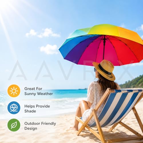 Image of Multicolor Rainbow Umbrella Automatic Open Heavy Duty Windproof Waterproof Strong Straight Umbrella for School Travel Outdoor Rain Protection Umbrella (1 PSC)