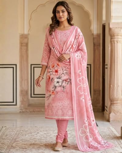 Image of KTI Women Cotton Unstitched Salwar Suit Material with Dupatta Geometric & Floral Printed Dress Material for Daily Wear Casual & Office Wear
