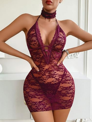 Image of Avidlove Women Babydoll Lingerie Lace Chemise Halter Nightwear Teddy Dress